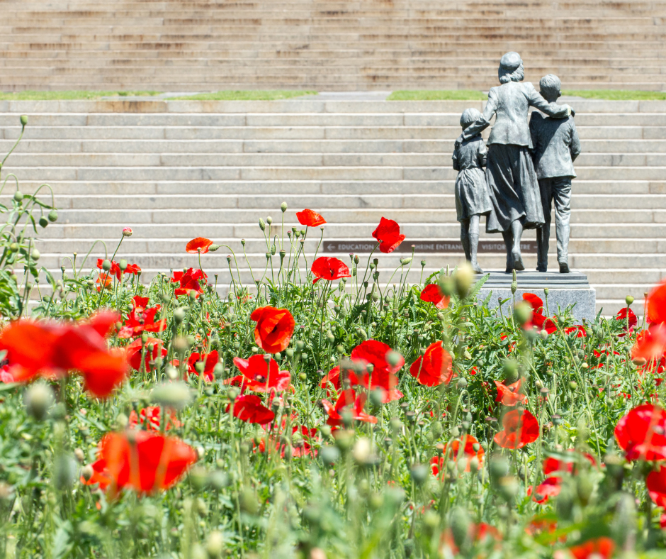 Foreground of a green and red poppy field with a statue of a woman and children with stairs to the Shrine in the far background.